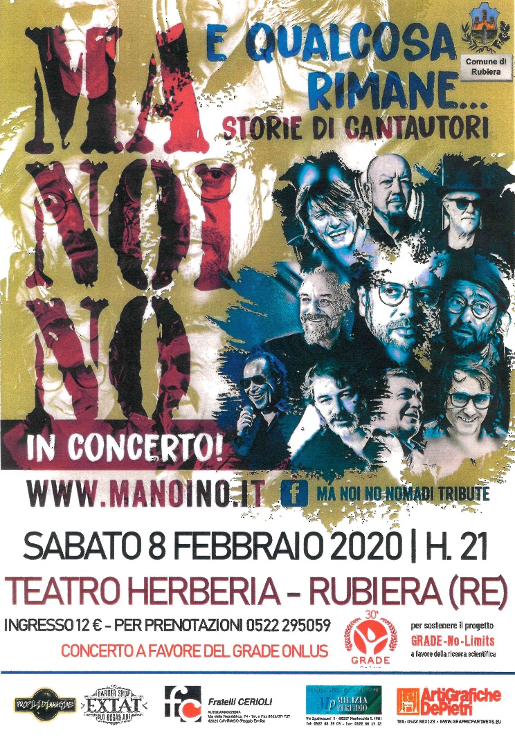 ComuneRubiera's tweet photo. Sabato 8 febbraio al Teatro Herberia di #Rubiera (RE) lo spettacolo "E qualcosa rimane..."
Il gruppo "Ma noi no"  presenta i più importanti cantautori italiani: da Guccini a De Gregori, da De Andrè a Bertoli, da Ruggeri a Fossati e tanti altri. Incasso a favore del @GradeOnlus https://t.co/DLiUowIuUR
