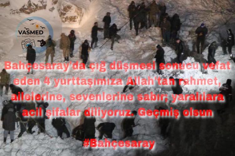 Alieer17's tweet photo. Bahçesaray'da çığ düşmesi sonucu vefat eden 4 yurttaşımıza Allah'tan rahmet, ailelerine, sevenlerine sabır; yaralılara acil şifalar diliyoruz. 
Bir daha böyle acıların yaşanmaması için yetkililerin derhal Bahçesaray- Gevaş tünelini bitirmelerini istiyoruz. https://t.co/rVjxtYNy2x