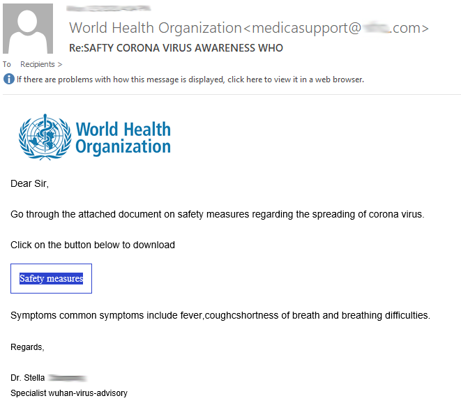 The latest in #coronavirus #threatintelligence spam campaigns w/ the World Health Organization logo. Nasty attachments and URLs promise safety measures documents. Stay safe!