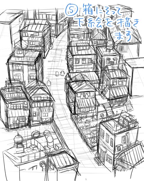 #背景描き方漫画
最初の箱を描かないとバランスが悪くなるのでラフは大事です?
背景描けない!と思う方はいきなり⑤⑥の絵を目指してしまってるのかも… 