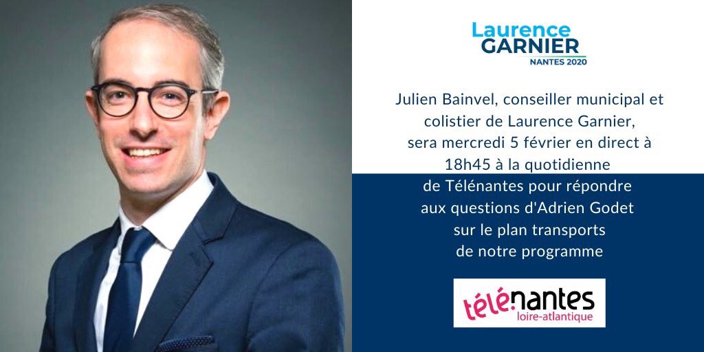 julienbainvel's tweet photo. Je serai ce soir l'invité de @telenantesinfo pour parler de nos propositions en matière de transports publics pour Mieux vivre à Nantes avec @garnier2020 Rdv en direct à 18h45 https://t.co/6Xu7ZrYQxg