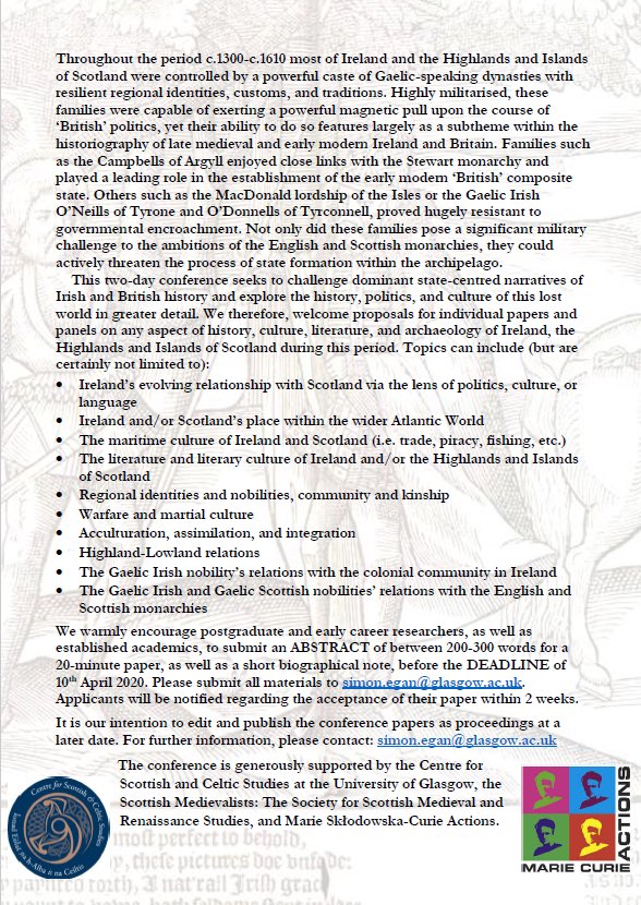 Call for papers for the conference ‘Beyond the Pale and Highland Line: New Narratives in Archipelagic History c1300-c1610', to be held in Glasgow 18-19 June 2020. For more information, please see below.