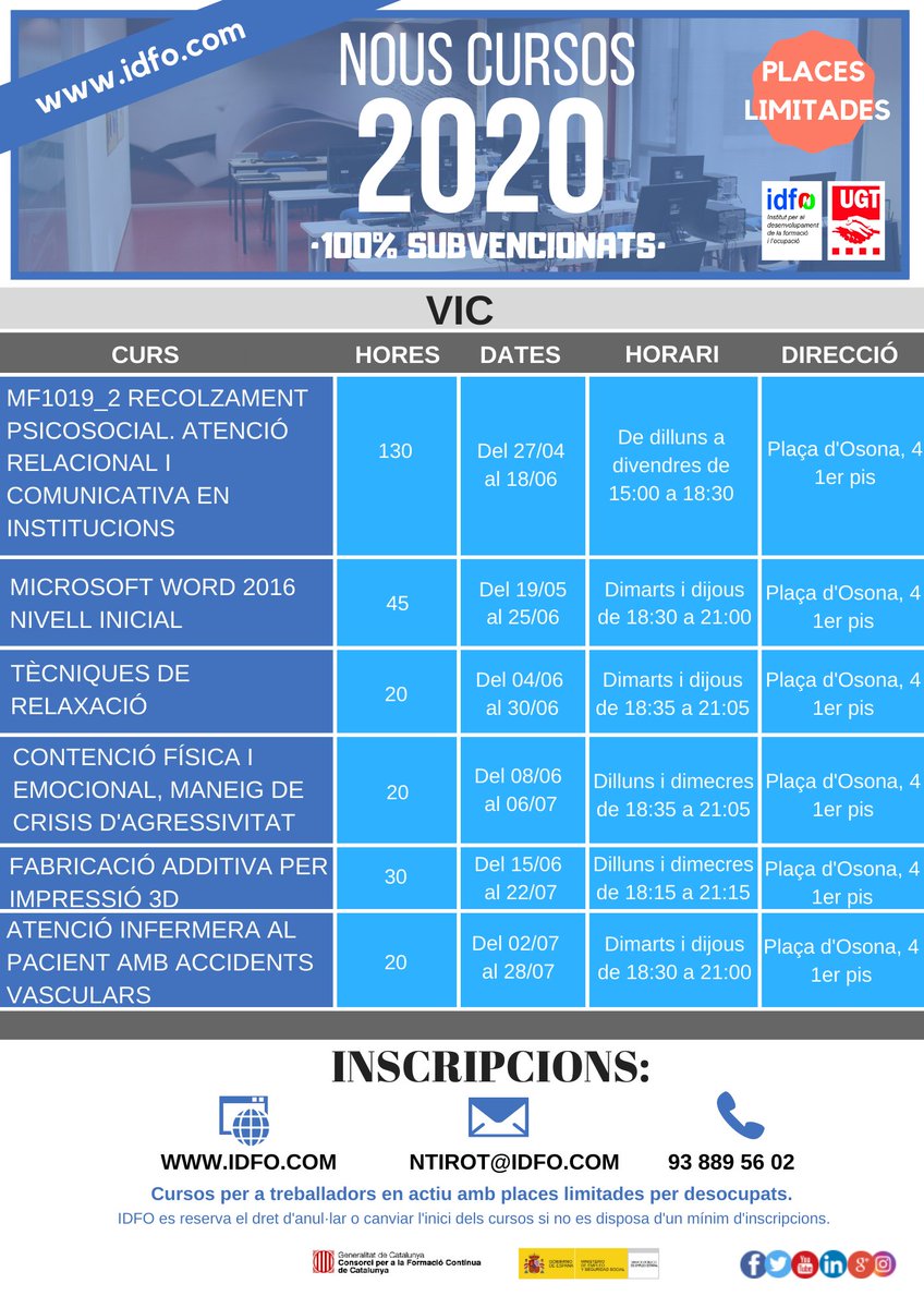 IDFOformacioVic's tweet photo. #cursos --> 2020 <-- #Vic 100% #subvencionats #novesdates #noushoraris #PowerPoint #Anglès #Competènciesdigitalsbàsiques #Adobeillustrator #Wordinicial #Tècniquesderelaxació #Impressió3D #inscripcions a @IDFOformacioVic @IDFOformacion @UGT_Osona https://t.co/cUjnEg8Otz