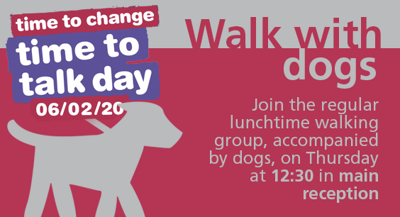 Pink, white and purple image with details of Walk With Dogs - join the regular lunchtime walking group, accompanied by dogs, on Thursday at 12:30 in main reception