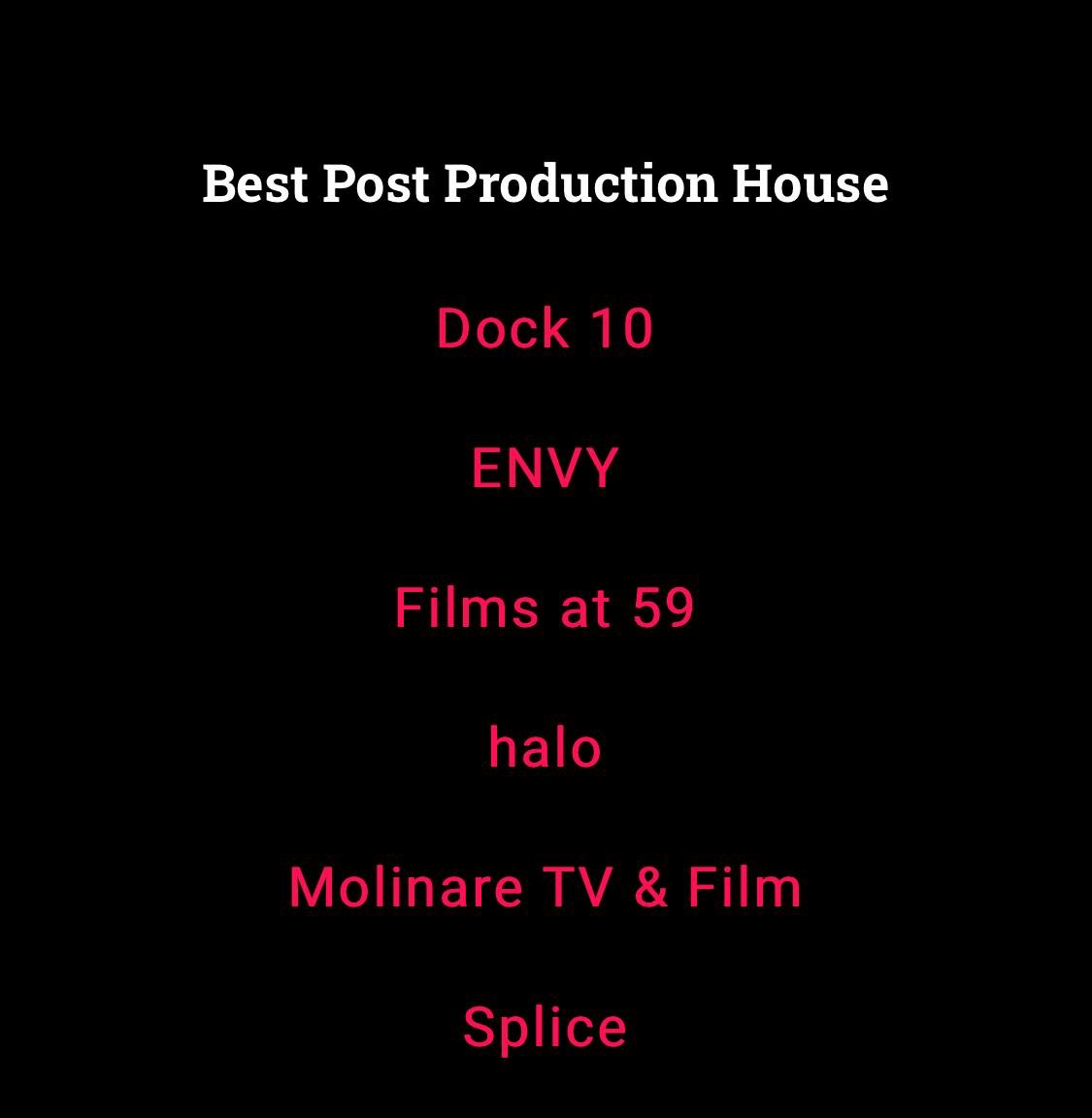 filmsat59's tweet photo. Looking forward to the #BroadcastAwards2020 tonight - @filmsat59 thrilled to be up for #BestPostproductionHouse - Good Luck to all @envypost @dock10 @halopost @molinare_post @splice_post #PostProduction #Filmsat59 https://t.co/7wsVISGaE5