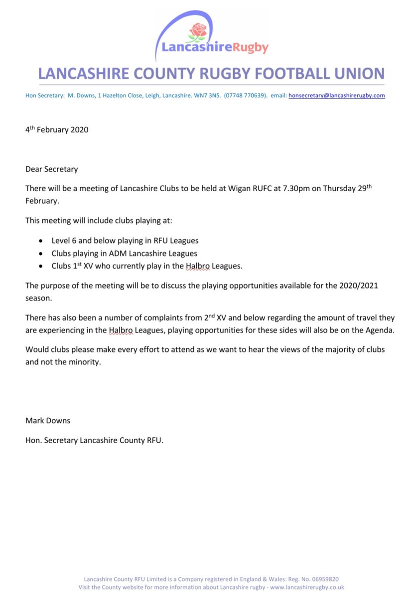 Note sent to all Club Secretaries of @lancashirerugby Clubs Level 6 down in the RFU Leagues, ADM Leagues and 1st XVs in Halbro Leagues.