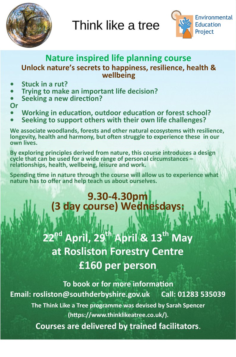 Rosliston EnvEd SDDC (@roslistonenved) on Twitter photo Trying to make an important life decision? Seeking a new direction? Stuck in a rut? This 3 day course explores nature's principles & how to apply them to a range of circumstances - relationships, health, wellbeing, leisure and work @thinklikeatree5 #SDWhatsOn <a href="/RFC1993/">Rosliston Forest Ctr</a> @SDDC Trying to make an important life decision? Seeking a new direction? Stuck in a rut? This 3 day course explores nature's principles & how to apply them to a range of circumstances - relationships, health, wellbeing, leisure and work @thinklikeatree5 #SDWhatsOn <a href="/RFC1993/">Rosliston Forest Ctr</a> @SDDC