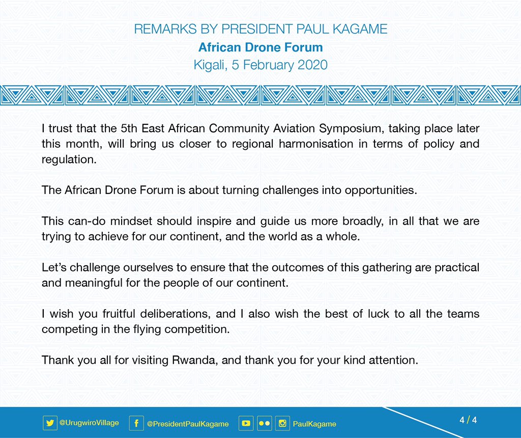 “The African Drone Forum is about turning challenges into opportunities. This can-do mindset should inspire and guide us more broadly, in all that we are trying to achieve for our continent.” President Kagame remarks during #ADF2020. Full speech: bit.ly/2Os5Wli