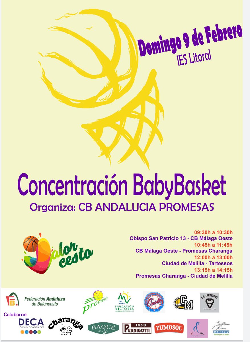 Fiesta Baby en nuestro pabellón este domingo!Os invitamos a todos a pasar una buena mañana de baloncesto y diversión! <a href="/congeladosdeca/">Congelados DECA</a> <a href="/CafeBaque/">Cafés Baqué</a> <a href="/CharangaNEWS/">Charanga</a> <a href="/DeporteFomento/">Fundación Fomento Deporte</a> <a href="/GROptico/">@GROptico</a> #Pernigotti #zumosol  <a href="/FAB_Malaga/">FAB Málaga</a> <a href="/ED_FundacionSMV/">Escuela Deportiva Fundación Victoria</a> <a href="/CBCiudadMelilla/">CB Ciudad de Melilla</a> @cbmalagaoeste #tartessos