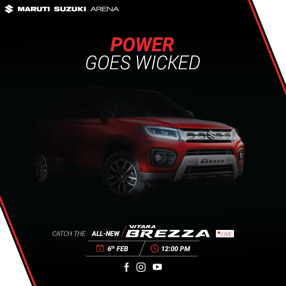 MSArenaOfficial's tweet photo. Power now has a wicked avatar. The #AllNewVitaraBrezza with 1.5L #PowerfulPetrolEngine goes LIVE tomorrow, stay tuned!
#MarutiSuzuki #MarutiSuzukiArena https://t.co/yUK7zmBuy2