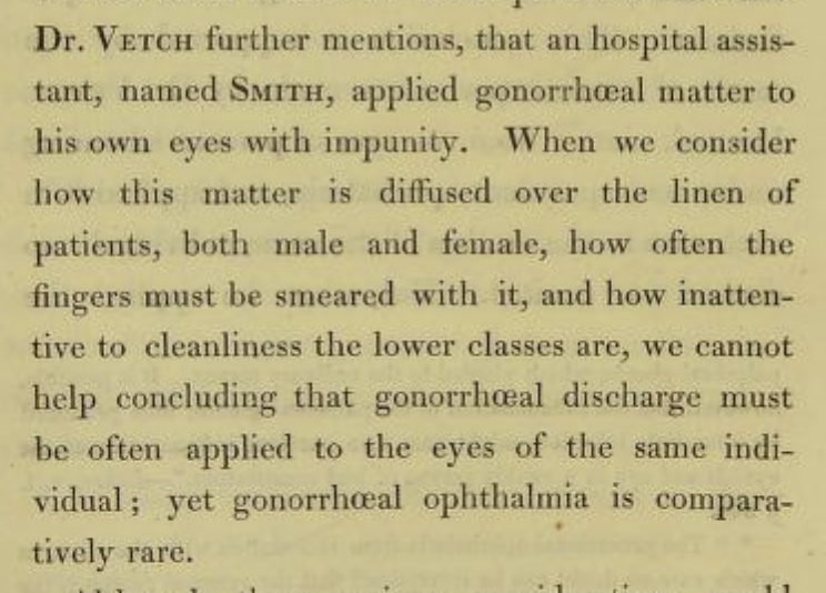 a screenshot of a book, describing how the lower classes are "inattentive to cleanliness" and so it's not surprising that gonorrhoeal discharge is often applied to their eyes