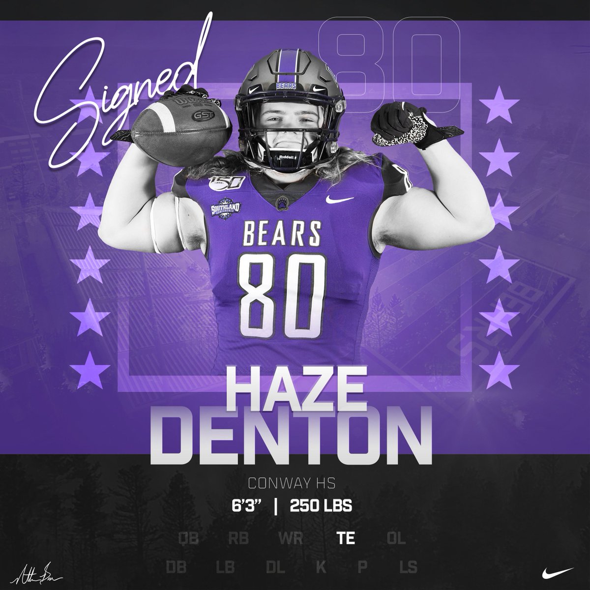 UCA_Football's tweet photo. ✍️ We didn't have to go far to find this Bear!
@DentonHaze, a Conway native, is @UCAFootball's newest Tight End!
📍 @ConwayAthletics is sending another great player to The Stripes!

#BearSea20n #BearClawsUp #FearTheStripes https://t.co/F6cFuT4DsT