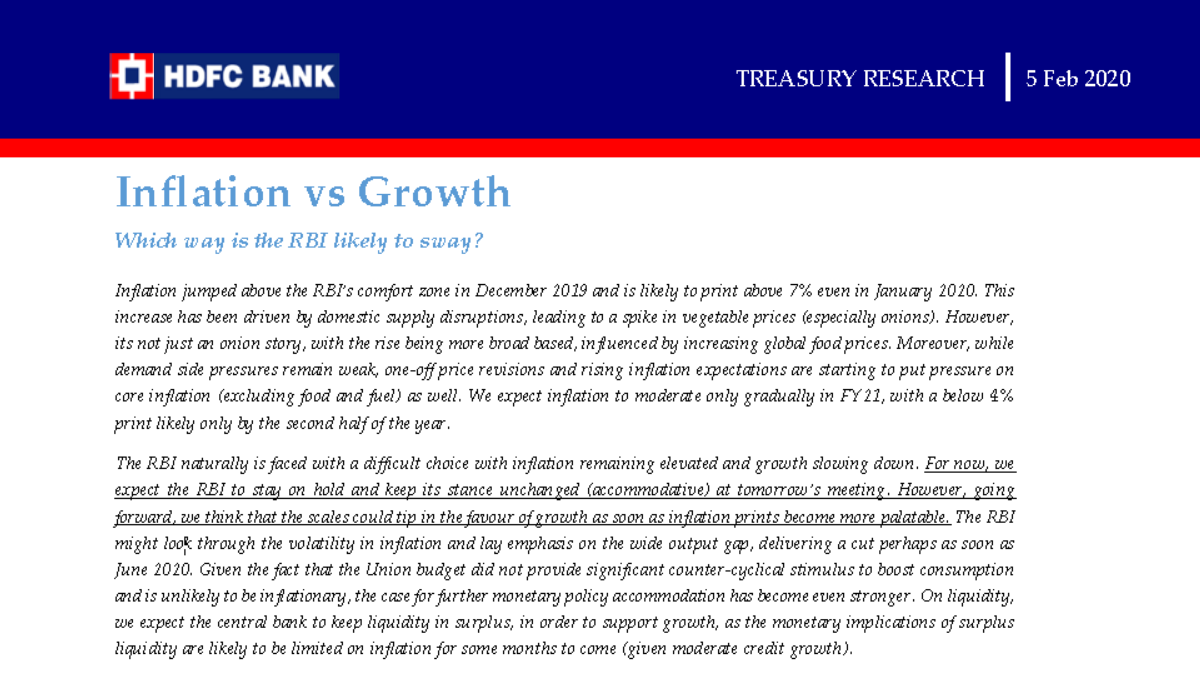 HDFCBankTrsry's tweet photo. #Inflation vs #Growth. Which way is the @RBI likely to sway? | Inflation jumped above the #RBIβs comfort zone in December 2019 and is likely to print above 7% even in January 2020. Read the full @HDFC_Bank's #TreasuryReport here https://t.co/8MrfHEV7nH. https://t.co/497W93qti6