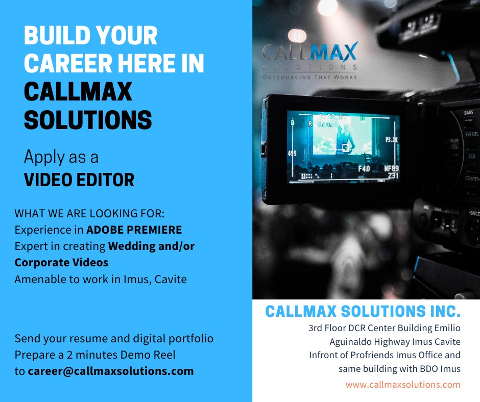 callmaxph's tweet photo. If you are an experienced video editor, come and join our team here at Callmax Solutions.
Send us a copy of your updated resume and your portfolio on our email. Its career@callmaxsolutions.com
#VideoEditor @JobHiringPH #AdobePremiere #Adobe #VideoEditorPH #CallmaxSolutions https://t.co/rXk35TLFUW