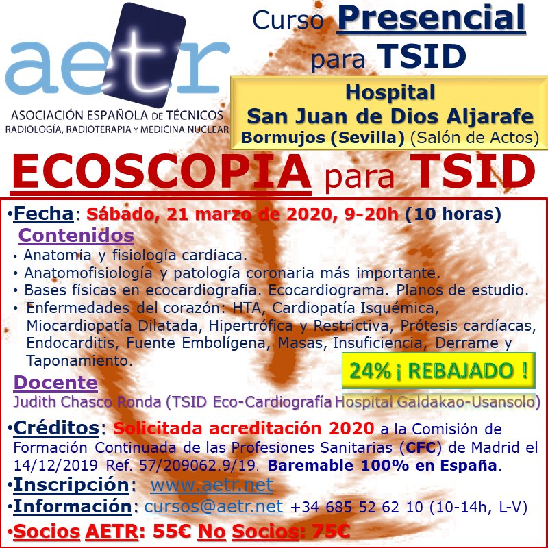 aetrRadiologia's tweet photo. 24% Rebajado
#Curso presencial de #Ecocardio / #Ecoscopia para #TSID en Sevilla 
10h. Solicitada Acreditación CFC
21 de marzo
Hospital San Juan de Dios Aljarafe
🗣 Judith Chasco Ronda
⏩ https://t.co/j5Da3mQjgI
☎️ cursos@aetr.net +34 685 52 62 10 (10-14h, L-V)

#AETR #TÉCNICO https://t.co/SZvXDNlCNS