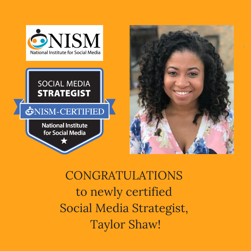 nismonline's tweet photo. Congratulations @taylorcshaw on your recent achievement! We are so excited to have you as a member of the #SMSCert community.
#congrats #Certification #socialmedia https://t.co/EazM2y4qRt