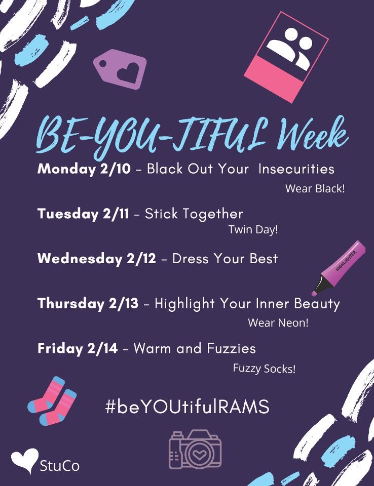 Hey Rams! Next week, in honor of National Kindness Week, it is MCHS StuCo’s Be-YOU-tiful week to encourage being kind to yourself so you can be kind to others. The flyer below lists all the dress up days. Projects will be held each day. #BeYOUtifulRAMS #Mayde2BKind
<a href="/MCHS_Rams/">RamNation</a>