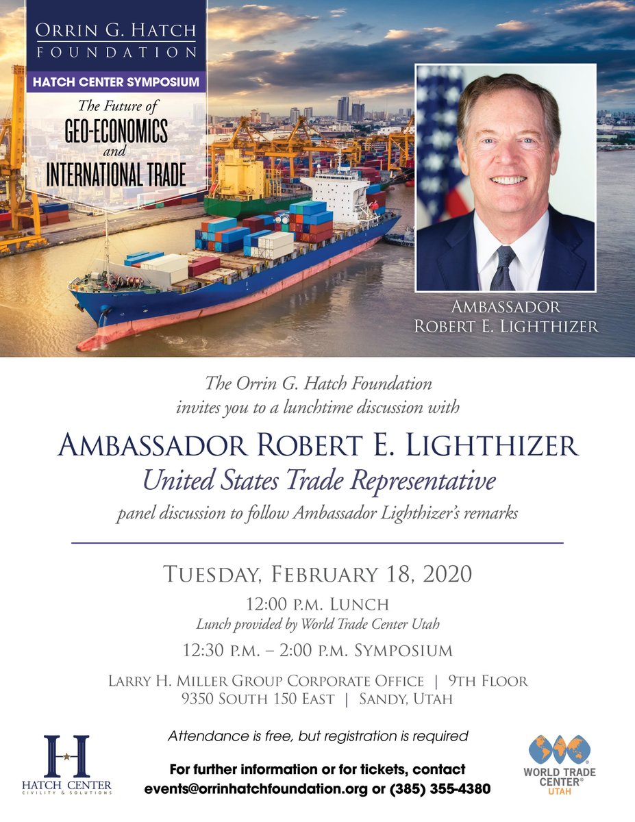 OrrinHatch's tweet photo. The Hatch Center will be hosting a free lunchtime discussion with @USTradeRep Ambassador Robert Lighthizer on February 18 in Sandy, Utah. For more information or to reserve tickets, email events@orrinhatchfoundation.org #utpol #hatchcenter https://t.co/Cfv3PVpOW1