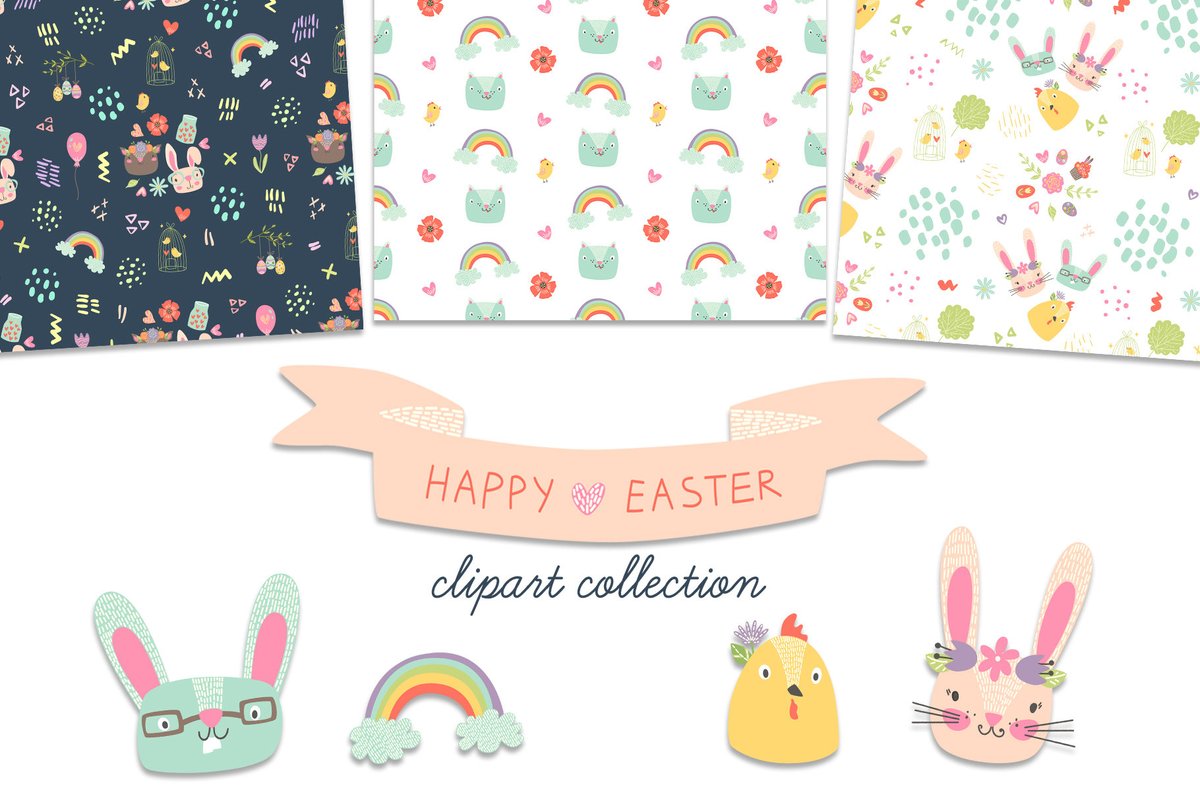 Cartoon Easter Clipat with bunny, eggs, basket, chicken, flowers, floral frames, borders, ribbons, birds. Digital Easter seamless patterns. etsy.me/2S3DuJ0 #easterart #clipart #easterclipart #babyshower #digitalpaper #scrapbooking #patterndesign #etsyartist