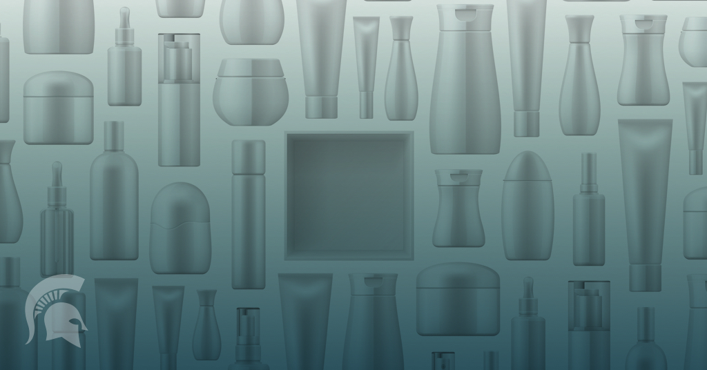 A green graphic with differently shaped packages and a white Spartan helmet on it