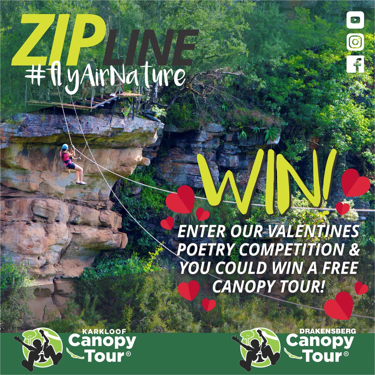 Enter our Valentine's poetry competition, you could win a FREE CANOPY TOUR at either Karkloof OR Drakensberg Canopy Tour. Write a 2 stanza poem about Valentine's Day.
Winner announced on 12 Feb. Prize valid until end February 2020.
Karkloof: 033 330 3415
Drakensberg: 036 468 1981