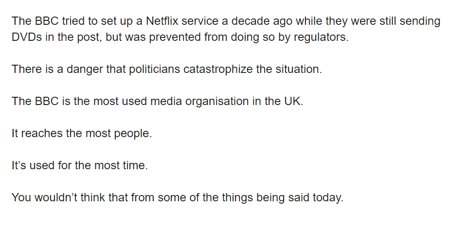 The BBC reaction to Nicky Morgan saying the BBC faces being Blockbuster in a Netflix-world is the punchiest I've seen in a while.
