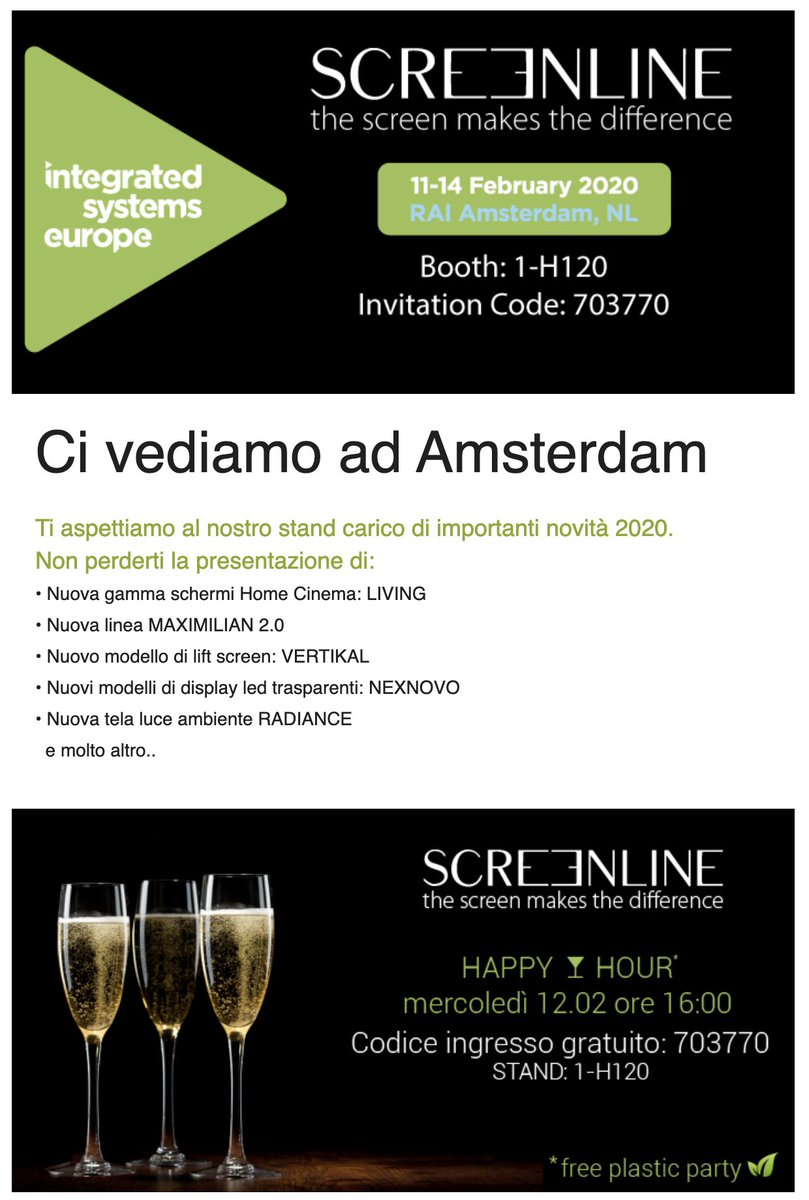ScreenLineSrl's tweet image. 🔜🔜 ISE2020? Siamo quai pronti! Non perdere il nostro aperitivo MERCOLEDì 12 febbraio alle ore 16:00. #screenline #ise2020 #projectionscreen

➡️➡️ Free entry codice: 703770
STAND SCREENLINE: HALL 1-H120