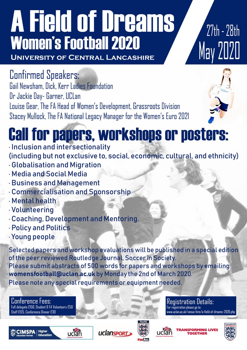 **Call for Papers and Workshops** Do you have a hobby or interest in Women's football? Maybe your job relates to the Women's Game, why not join us at our conference in May and share your experiences and learn from others. #PastPresentandFuture #WomensFootball #WomeninSport