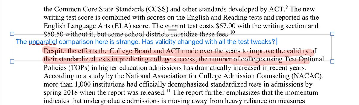 Let me cycle back to this morsel about  #validity.Look at that faulty comparison. Let me fix that line for them: "Despite the [claimed] efforts the College Board over the years to improve the validity of their standardized tests in predicting college success, [they have not]."