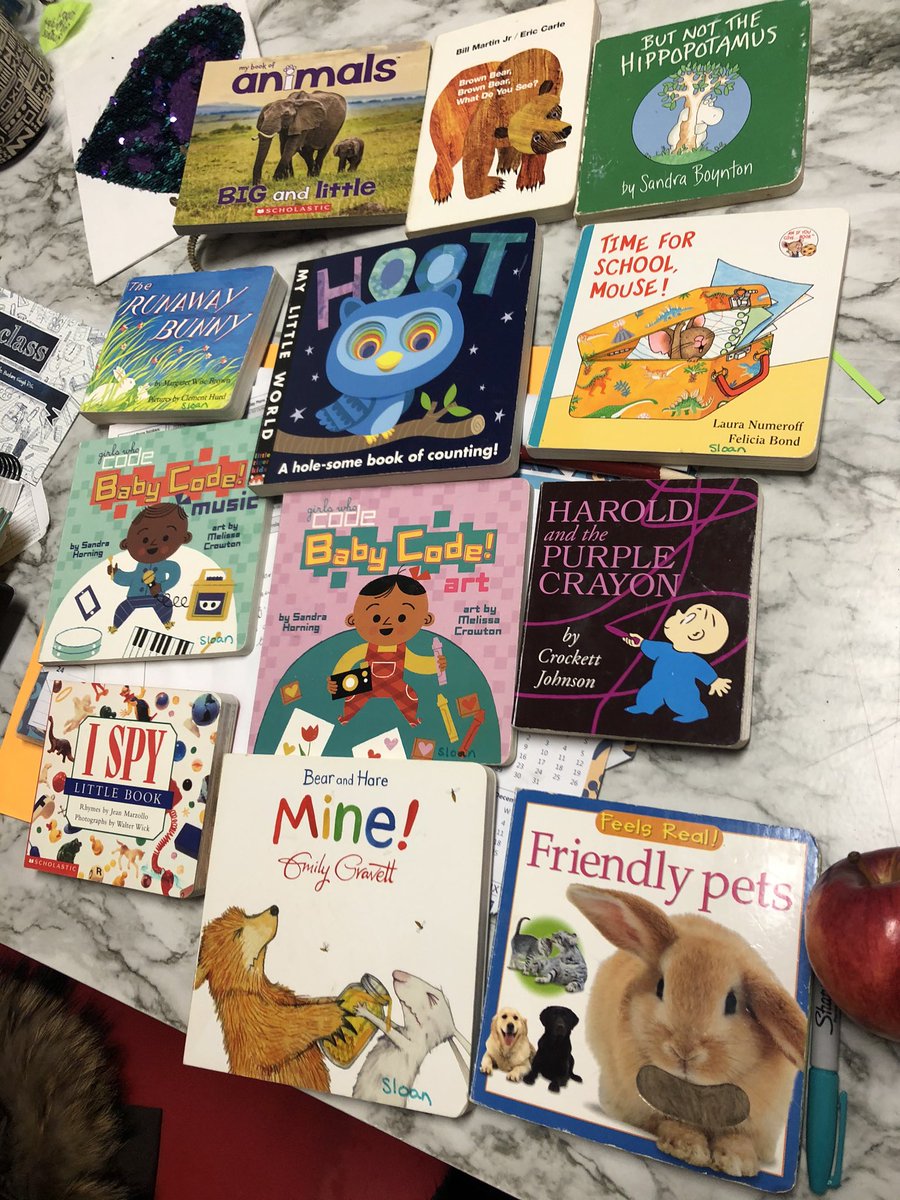 Roosloan's tweet image. When value village has epic board books for outdoor library! Even books on #codinginkinder and so much math language! Can’t wait! #pbslearns @PteBuckamSingh @peelengagemath #pbspsplays