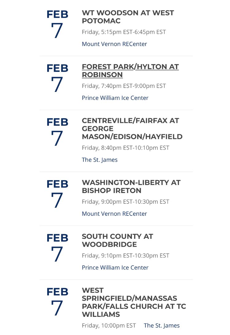 Last CSHL #FridayNightIce of the regular season!

Featured game: @TCTitansHockey (8-0) vs <a href="/WSHSHockey_/">WSHS Hockey</a> (7-2) 

Several other matchups will effect seedings for playoffs!

<a href="/ChirpinDMV/">Chirpin’ DMV 🏒🎙</a> <a href="/DMVHockey/">DMV Hockey Prospects</a> <a href="/WashPostHS/">WashPost HS Sports</a>