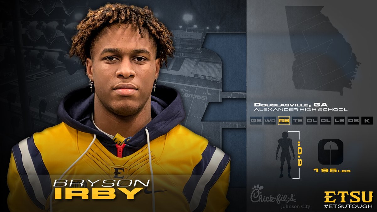 ETSUFootball's tweet photo. The fourth Georgia product in this class, a running back from Douglasville - BRYSON IRBY!

📍 Douglasville, Ga.
🏫 Alexander High School
📹 https://t.co/v6uavAmXCb
🐦 @BrysonIrby7

#2020Vision #ETSUTough https://t.co/5LsRMRMLVk