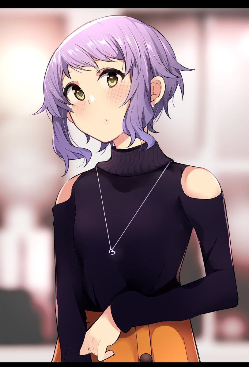 1girl skirt solo short hair purple hair shoulder cutout blush  illustration images