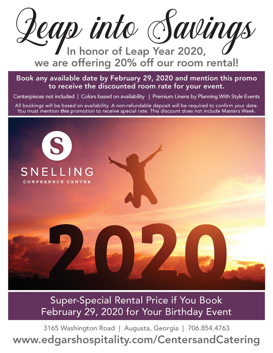 snellingcc's tweet image. Leap into savings with the Snelling Conference Center's February deals! Call us today and mention this promotion to receive the discounted room rate for your event at 706.854.4763. #SnellingConferenceCenter #LeapYear #LeapIntoSavings #AugustaGA #AugustaEvents #AugustaVenue