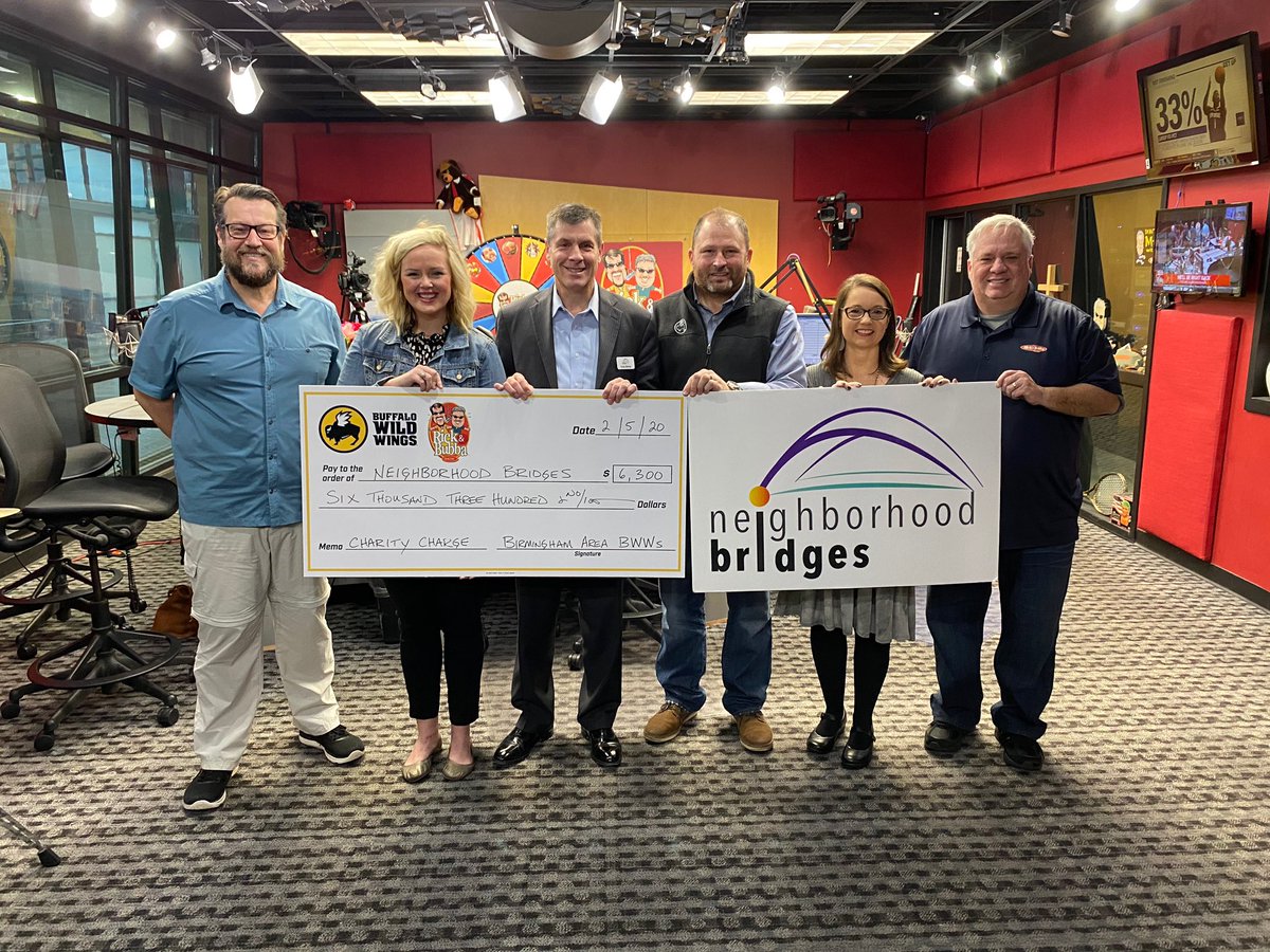 NeighborhoodBr2's tweet photo. It’s national signing day and we want to thank @BWWings and @rickandbubba for signing this huge check to @NeighborBridge and our surrounding communities! This goes directly to School kids and families in Central Alabama. @rbanny @HooverSchools @HooverHelps https://t.co/xnenaESjbS