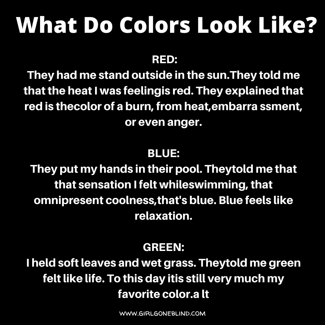 Text descriptions of different colors such as red, blue and green.