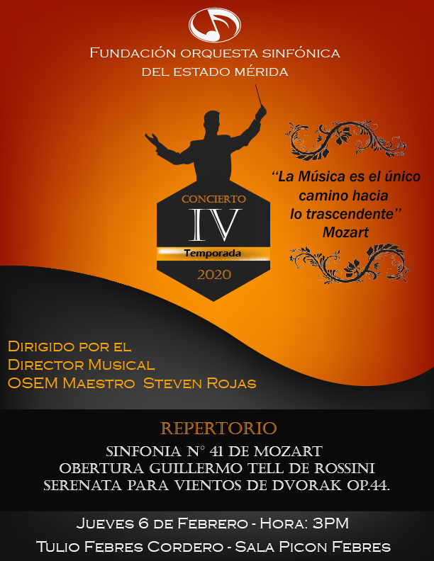 RESPETADA AUDIENCIA CORDIAL INVITACIÓN a nuestro IV Concierto de la Temporada 2020 a efectuarse el Jueves 06 de Febrero de 2020, Hora: 3:00 pm Centro Cultural Tulio Febres Cordero/ Sala Gonzalo Picón Febres TE ESPERAMOS VIVE LA MÚSICA SINFÓNICA.