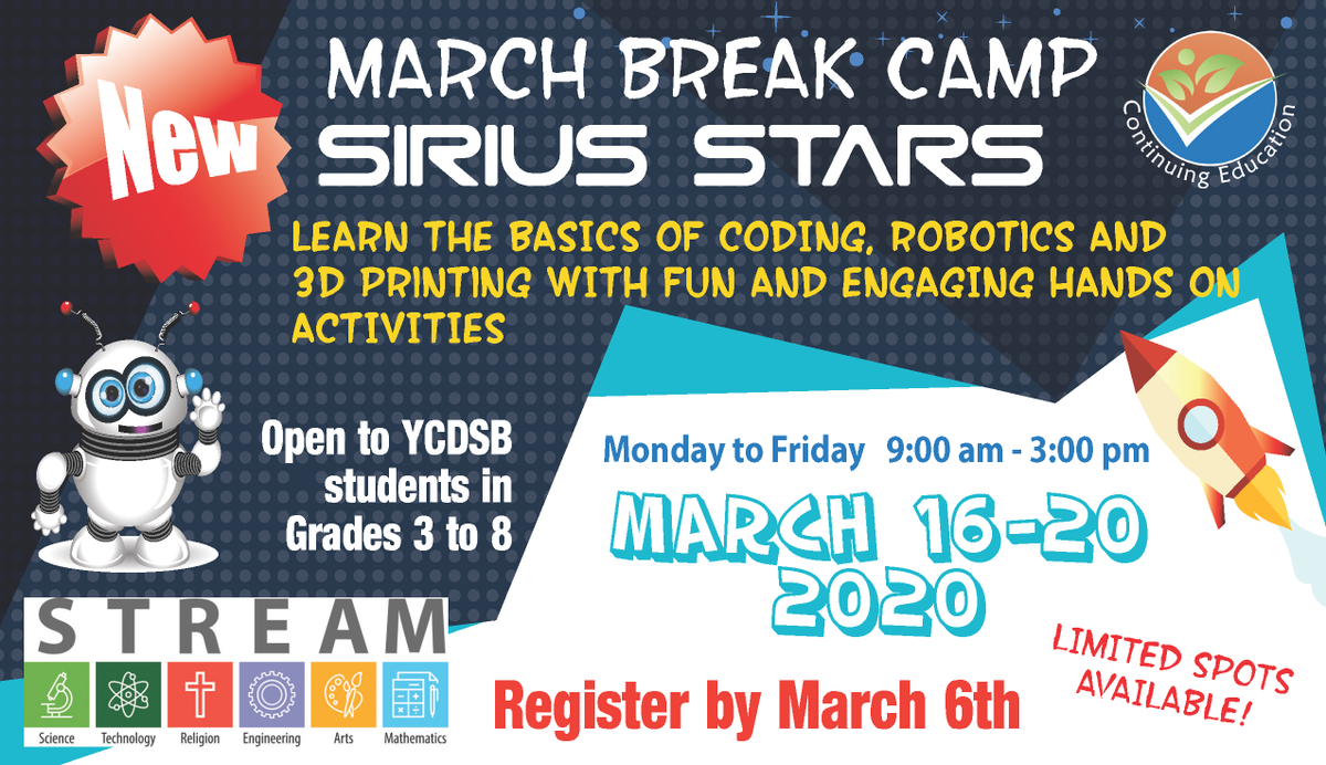 We have exciting news to share!! For the first time this year, the Con Ed Dept. is offering a March Break Camp for YCDSB students in Grades 3 to 8 at 2 of our elementary schools.  Registration is now open until March 6th so hurry and Register Today at bit.ly/2OvhLqY