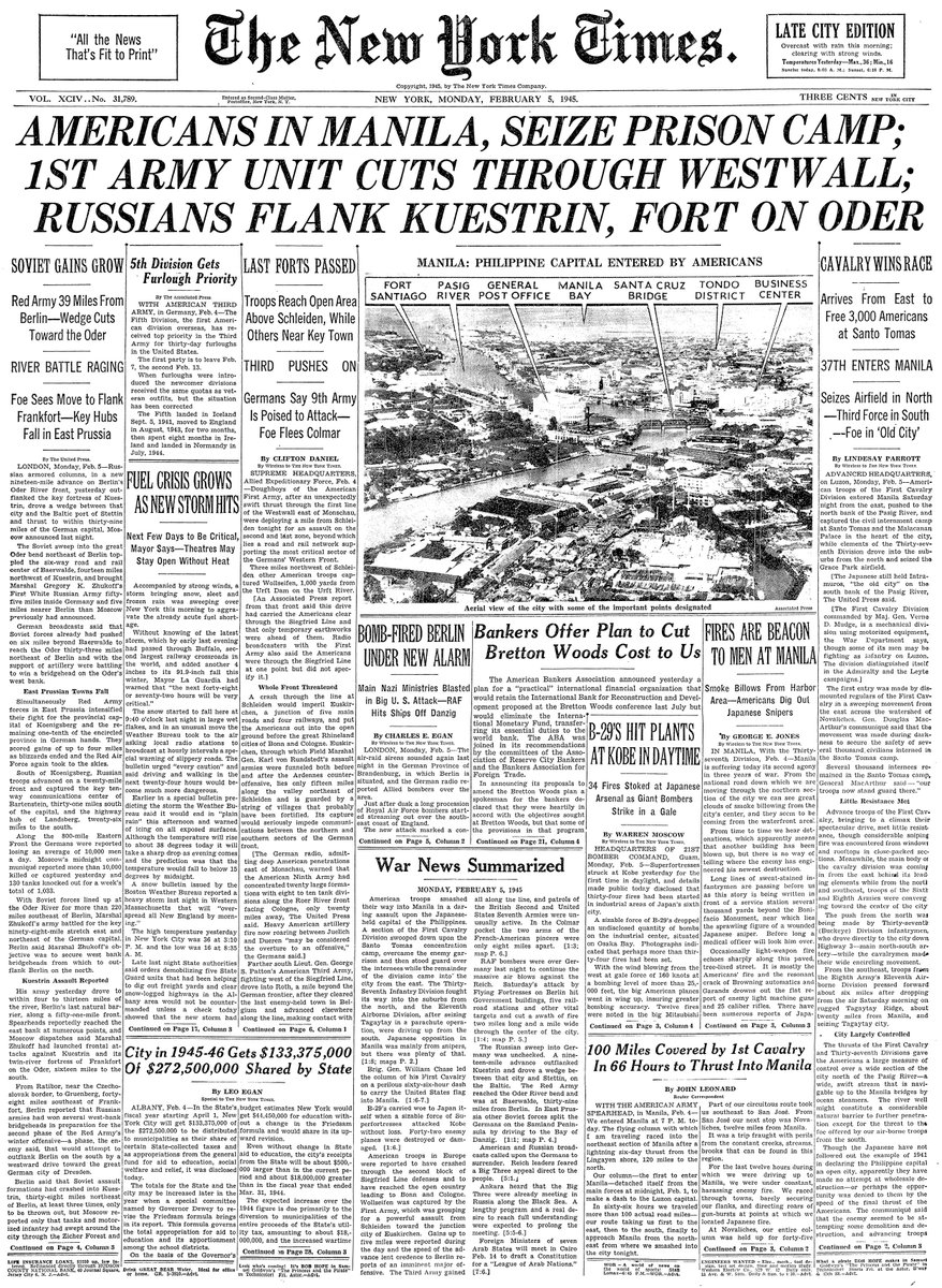 Feb. 5, 1945: Americans In Manila, Seize Prison Camp; 1st Army Unit Cuts Through Westwall; Russians Flank Kuestrin, Fort On Oder  https://nyti.ms/3bcMF1d 