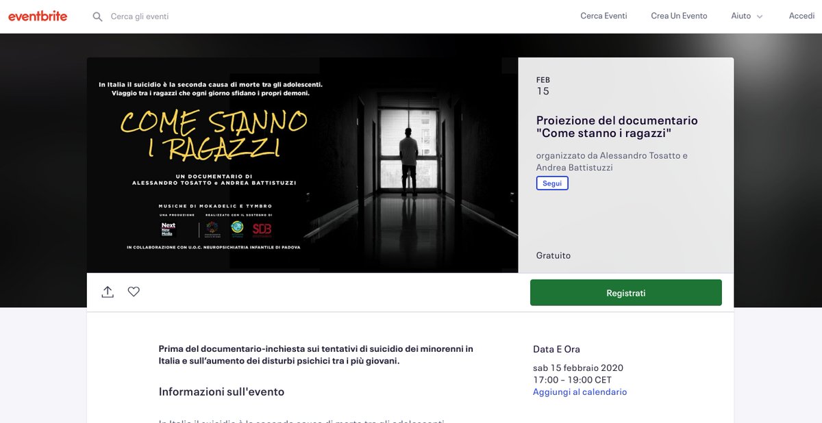 Sabato 15 febbraio presentiamo a Roma "Come stanno i ragazzi" alla <a href="/CasadelCinema/">Casa del Cinema</a> il documentario sui suicidi dei minorenni in #Italia Un'inchiesta di oltre un anno nelle neuropsichiatrie. Ingresso libero, prenotarsi qui
bit.ly/2twFr7f
#cinema #Salute #ragazzi