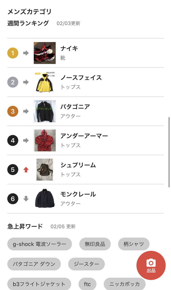 ✔︎ リサーチについて

メルカリの出品タブを下にスクロールすると見れる「検索ランキング」

購入者が何を買いたくて検索してるのかが一目で見れるのでかなりオススメです😁

#古着転売