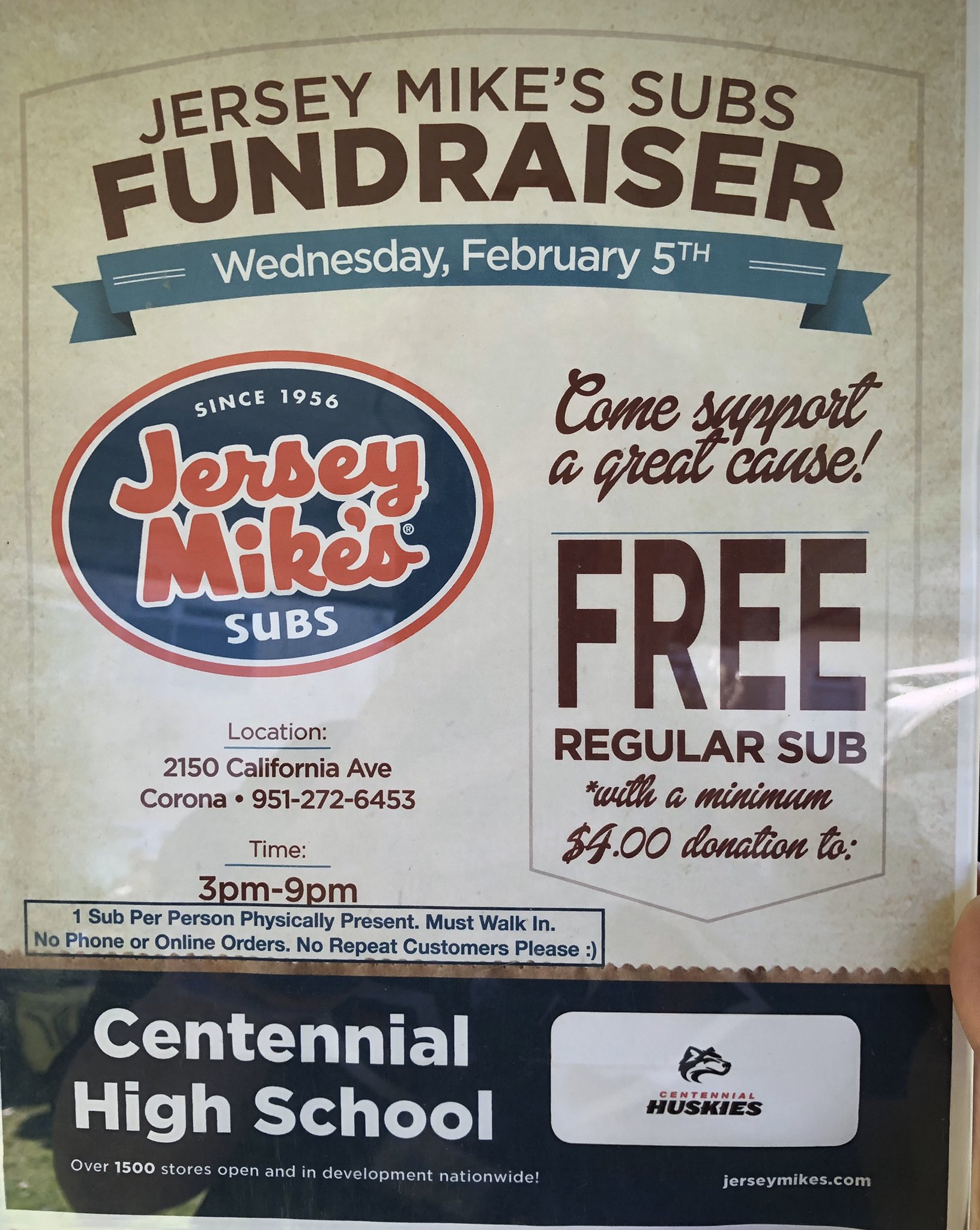 Centennial HS, CNUSD on Twitter "Join us today at Jersey Mikes’s Subs