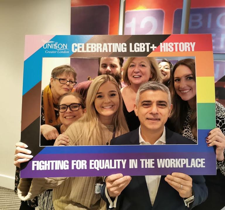 UNISON activists and Mayor of London Sadiq Khan with LGBT photo frame