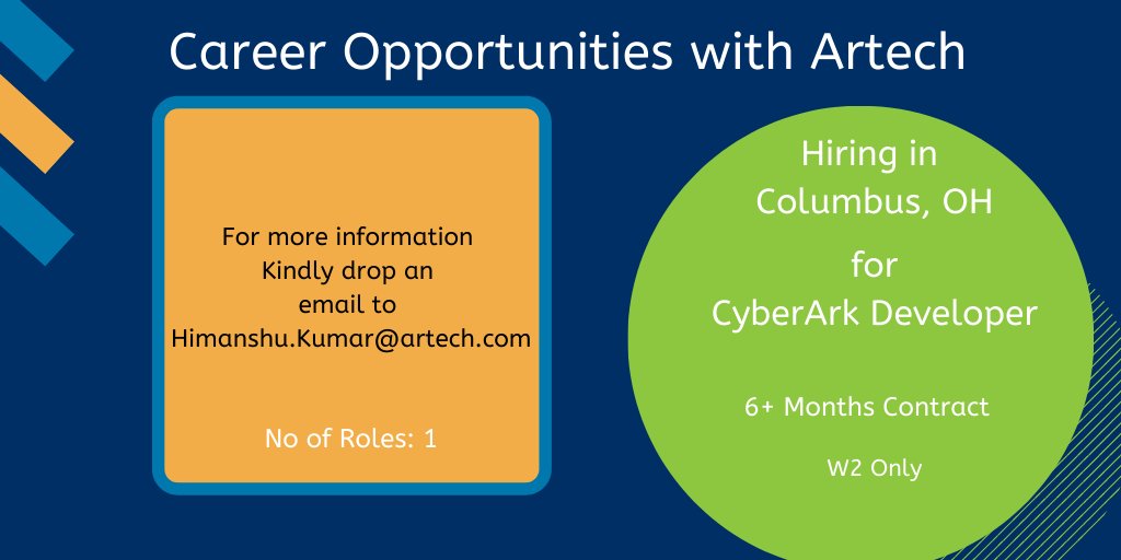 Hiring for CyberArk Developer with 10+ years’ experience in the architecture, design and implementation of IT solutions in Columbus, OH #Ohiojobs #Ohiotech #Artechjobs #Hiring