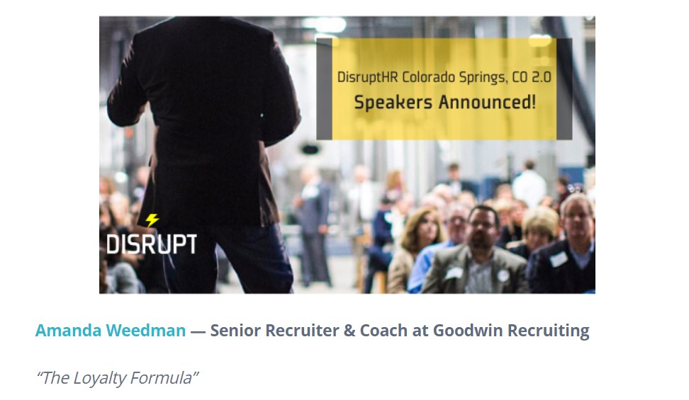 Goodwin_Recruit's tweet photo. This evening, #GoodwinRecruiting's Amanda Weedman will energize, inform, and empower at DisruptHR Colorado Springs! Break a leg, @weedman_amanda! #disruptHRCOS https://t.co/4g3tuMmWDr