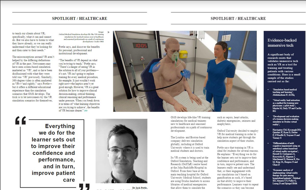 vrmedicalsim's tweet photo. "Everything we do for the learners sets out to improve their confidence and performance, and in turn, improve patient care" @drpottle on #virtualreality simulation  in the latest issue of  @VRWorldTech #Healthcare #medtwitter #VR #elearning #immersivetech #https://buff.ly/384Vnwk https://t.co/iblNxKa36x