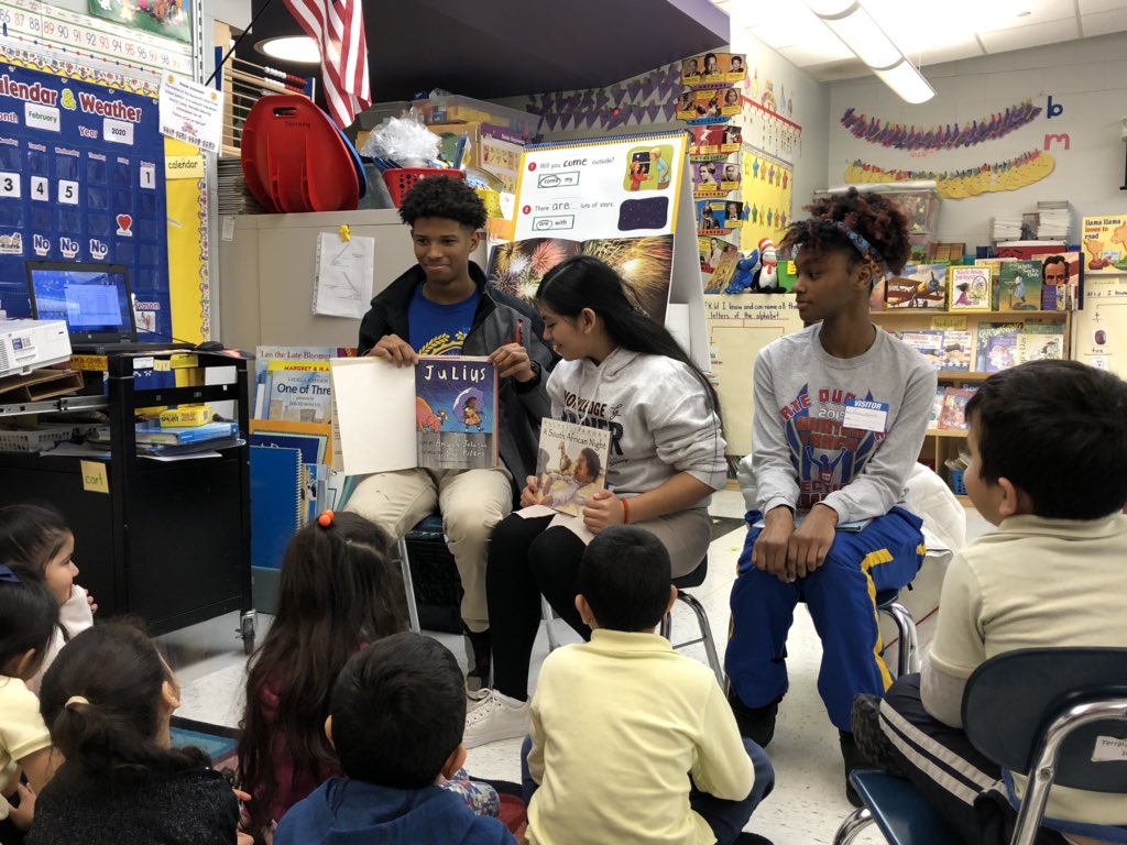 llafalot's tweet photo. African American Read In @ Centennial Avenue School. Thank you NHS members and former Centennial students, Deyani, Nathalia and Luis! You did a great job interacting with our students. It was so good seeing you! #WeAreRUFSD https://t.co/5hzzsIBkw6