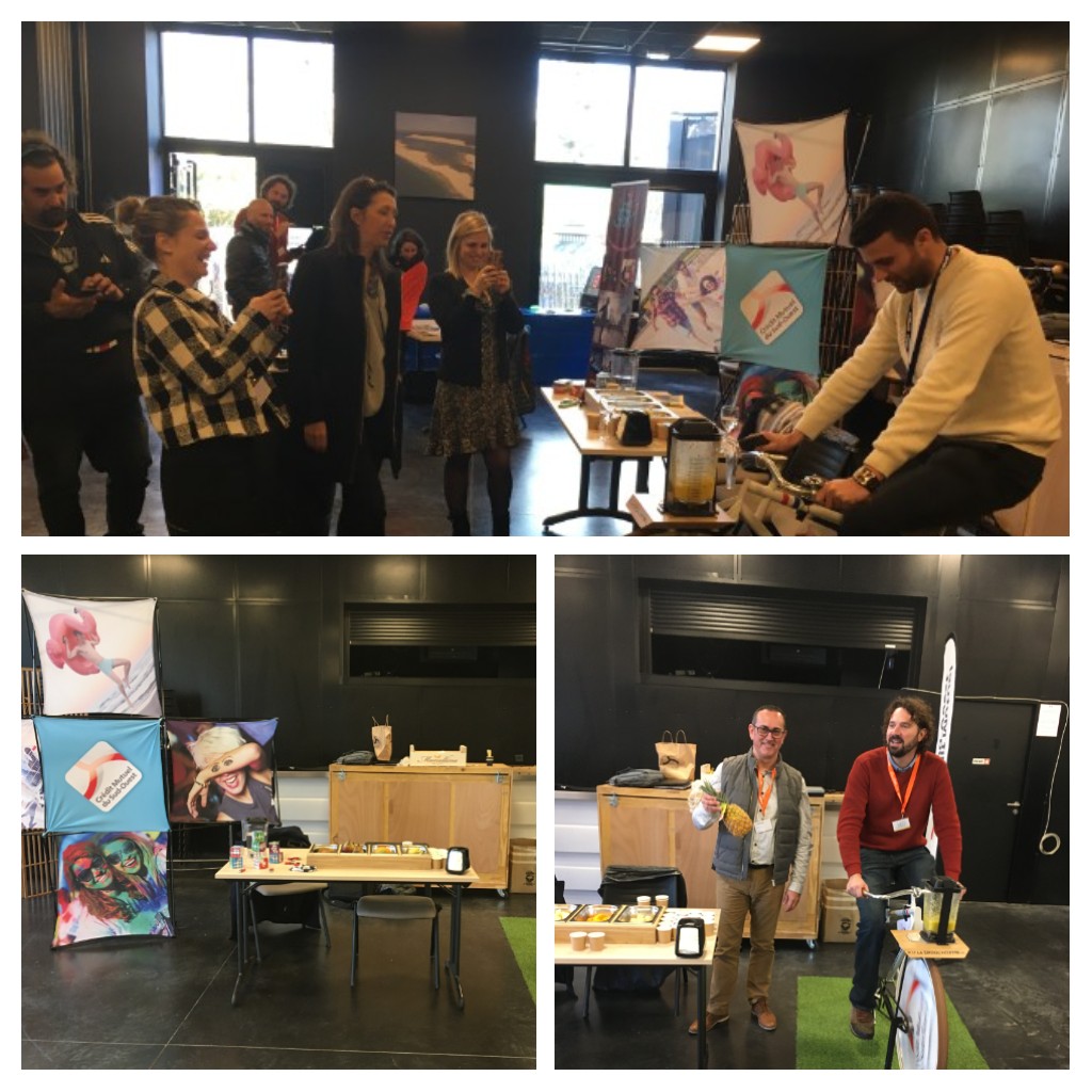 Fchop15's tweet photo. Quand les propriétaires de camping girondins font tourner la smoocyclette du @CMSudOuest lors de l'AG du Syndicat Départemental  de l'hôtellerie de plein air. Une animation des équipes   du Pôle Pro Médoc Océan et de notre animateur Arkea Crédit Bail https://t.co/DGkOEXCvuI