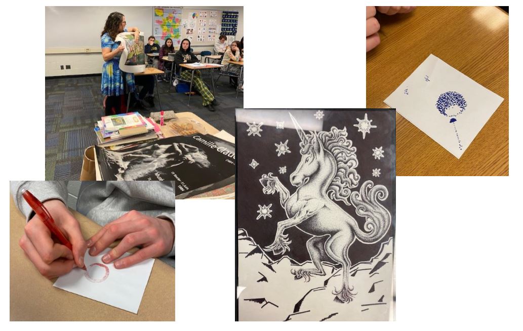 Groves parent and artist Heather Smith visited Mme. Muzlijaj's French 2 class to share with students the pointillism painting technique developed by Seurat.  Tiny dots of color become blended in the viewer's eye to produce a greater degree of luminosity.