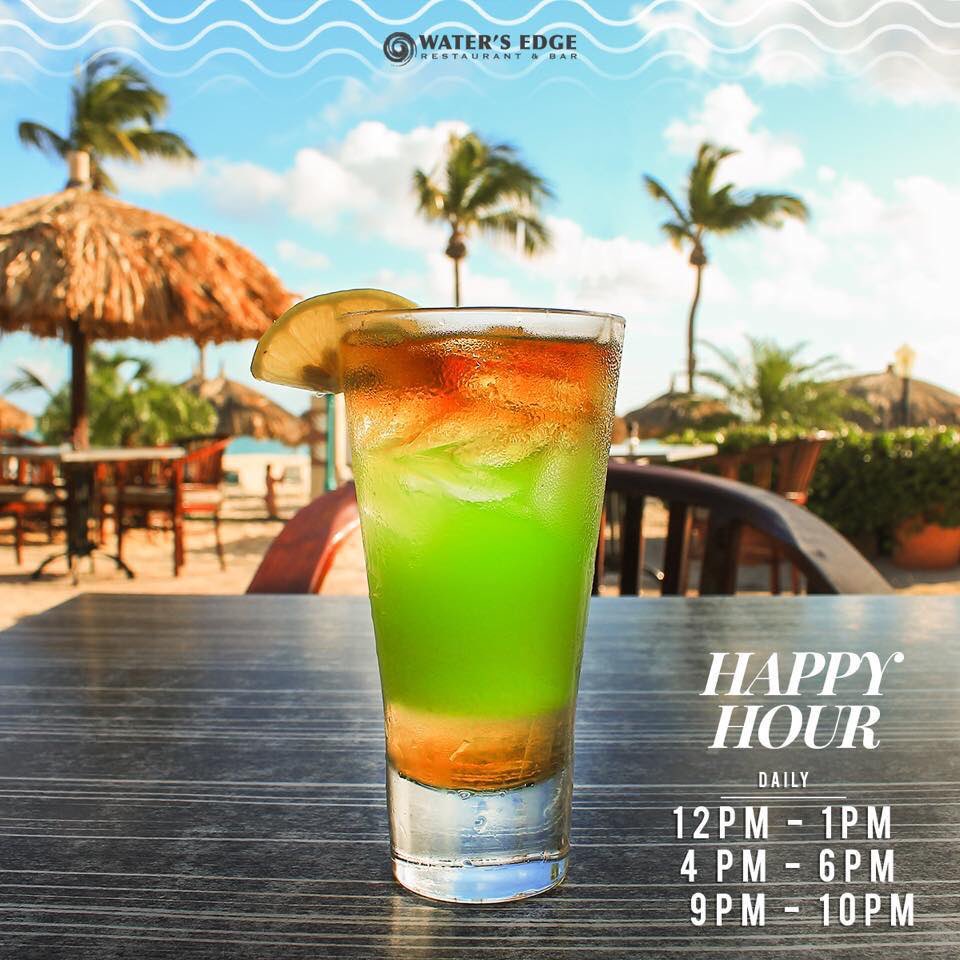 Cheers to daily happy hour at Water's Edge Restaurant &amp; Bar.
⏰Join us every day for Happy Hour from; 12pm-1pm + 4pm-6pm + 9pm-10pm. It's gonna be fun, fun, fun!
#watersedgearuba #watersedgerestaurant #picofthedy #happyhour #beach #pool #sun #travel #food #paradise #aruba